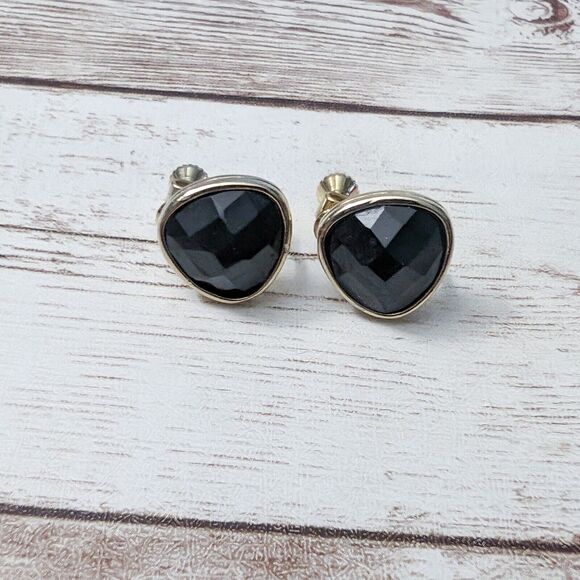 Vintage Clip On Earrings with Screw To Tighten - Black Faceted - Just Over 0.5" - Picture 2 of 5